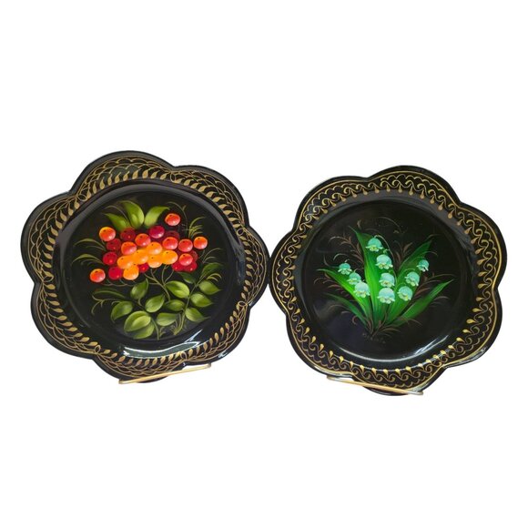 Russian Zhostovo ToleWare art Plate set Flowers Colorful Gold SIGNED folk art - Picture 3 of 11